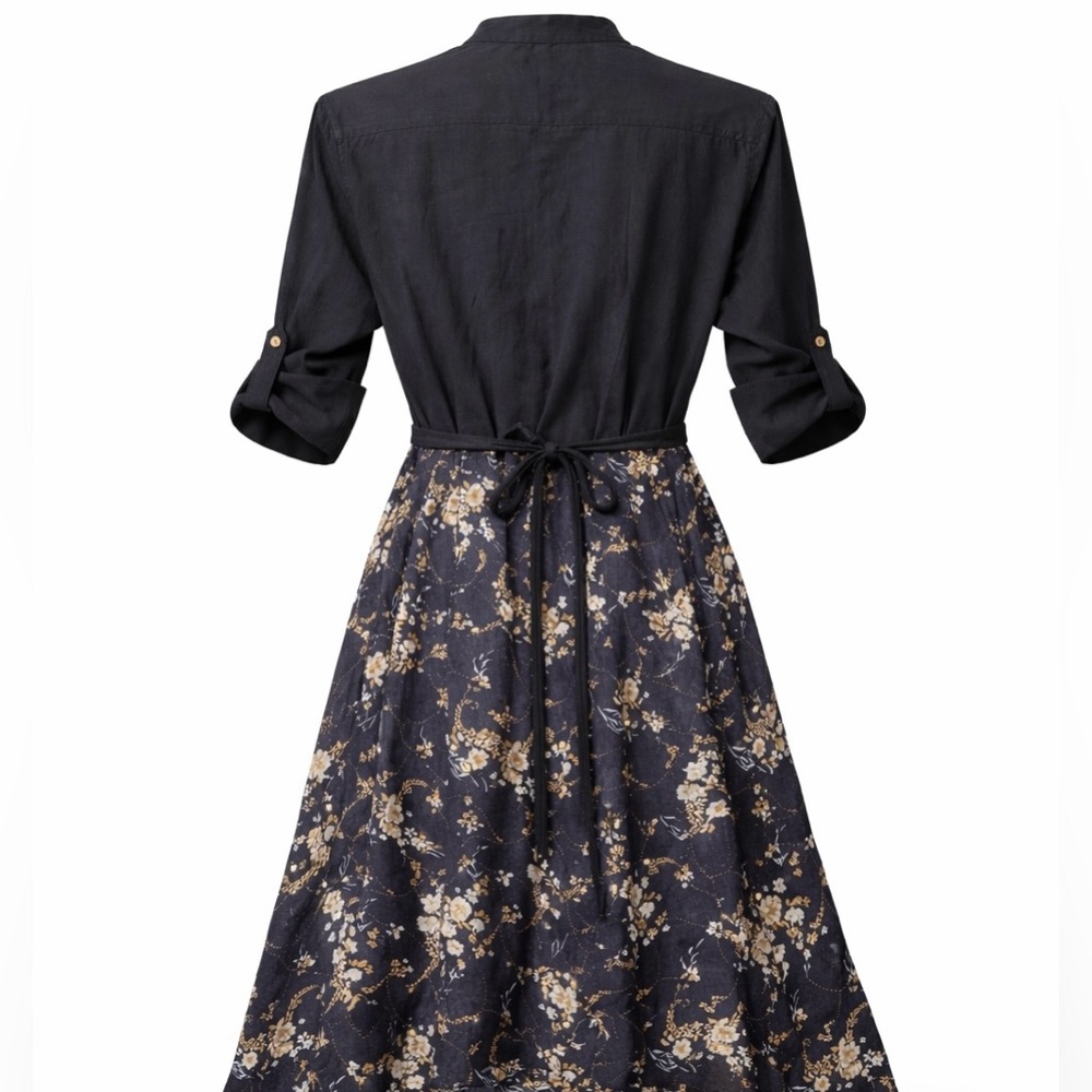 Boho High Low Floral Midi Dress L Organic Cotton Viscose Adjustable Waist - Picture 6 of 11